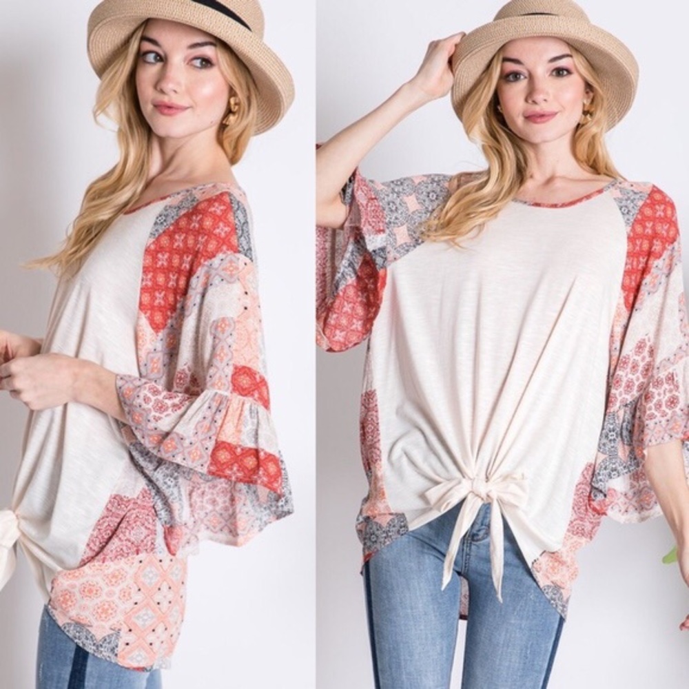 Abigail Boho Patchwork Tie Front Draped Top - Picture 8 of 8